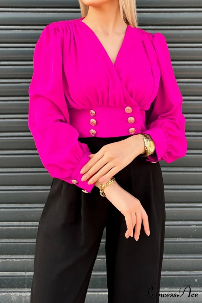Arm Smocked Puff Neck V Top - Image 7