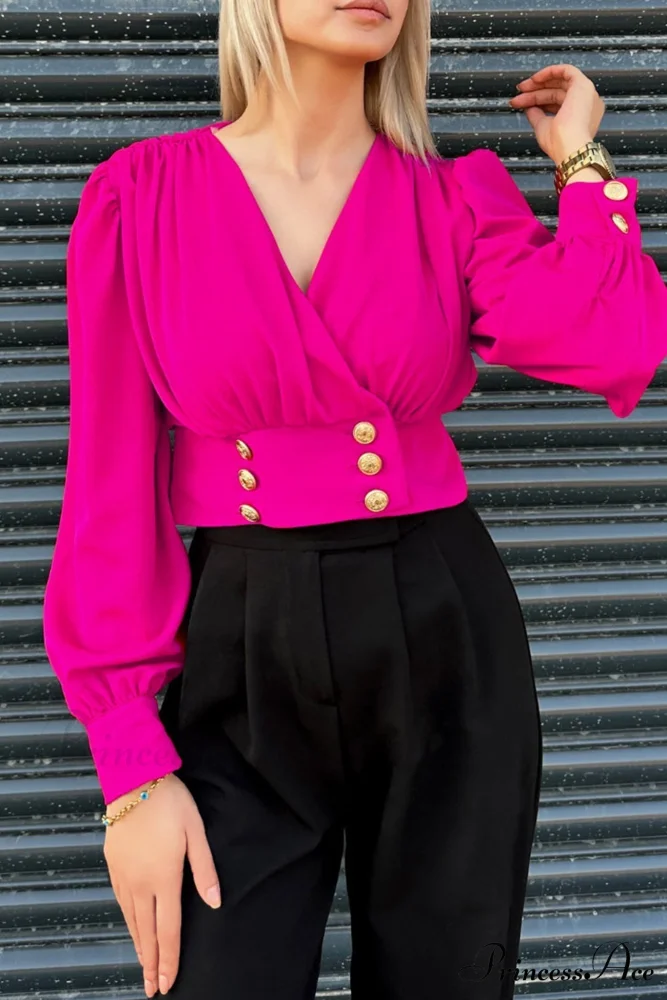Arm Smocked Puff Neck V Top - Image 8