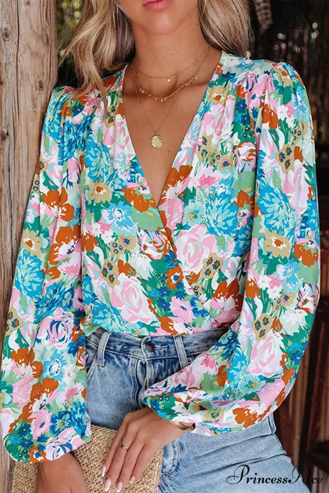 V Design Puff Neck Flowered Arm Shirt - Image 3