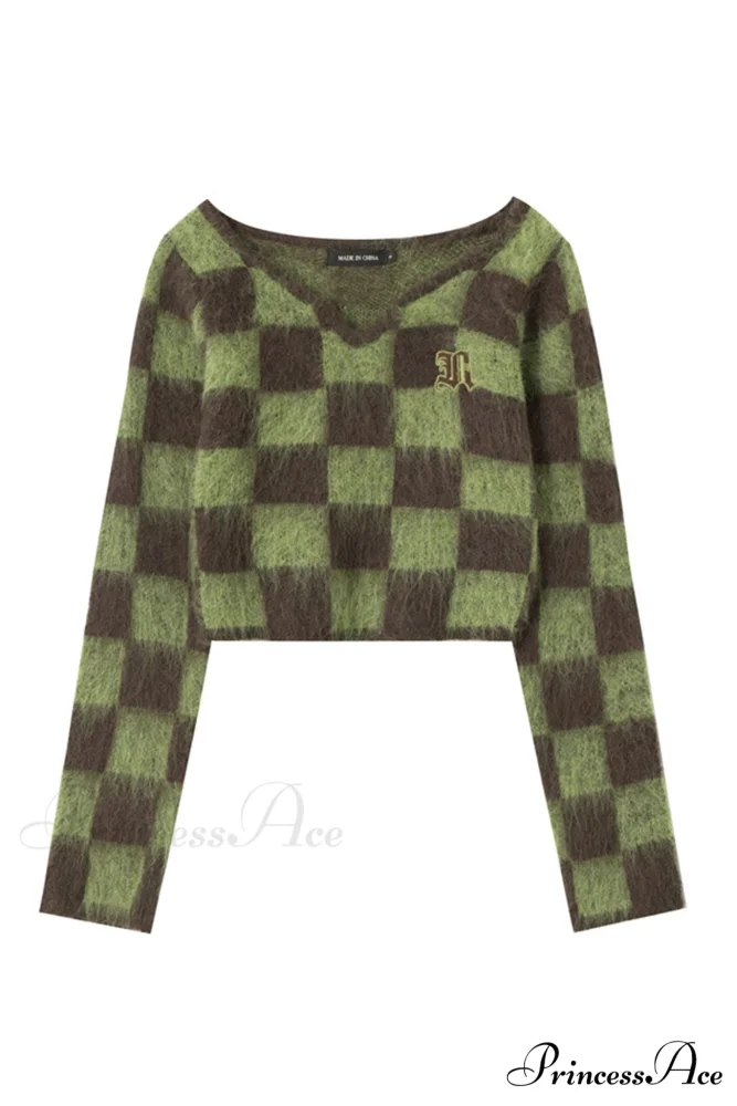 Checkerboard V Neck Mohair Sweater