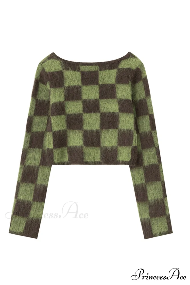 Checkerboard V Neck Mohair Sweater - Image 2