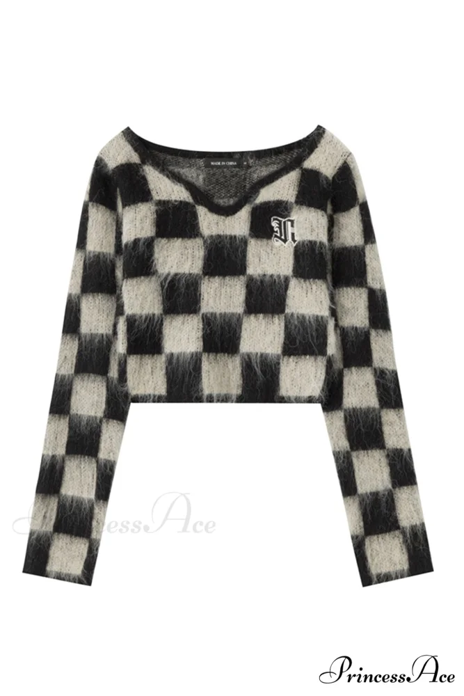 Checkerboard V Neck Mohair Sweater - Image 3