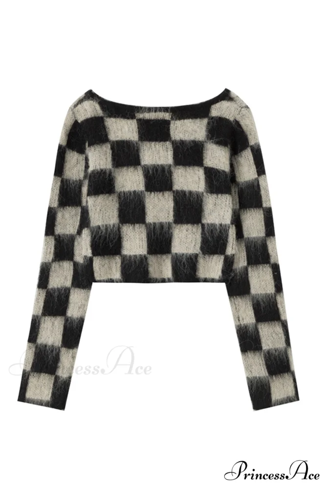 Checkerboard V Neck Mohair Sweater - Image 4