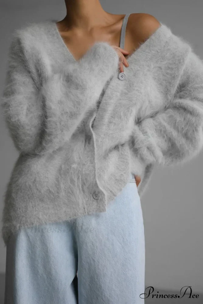 Mink Hair V Faux Neck Cardigan - Image 6