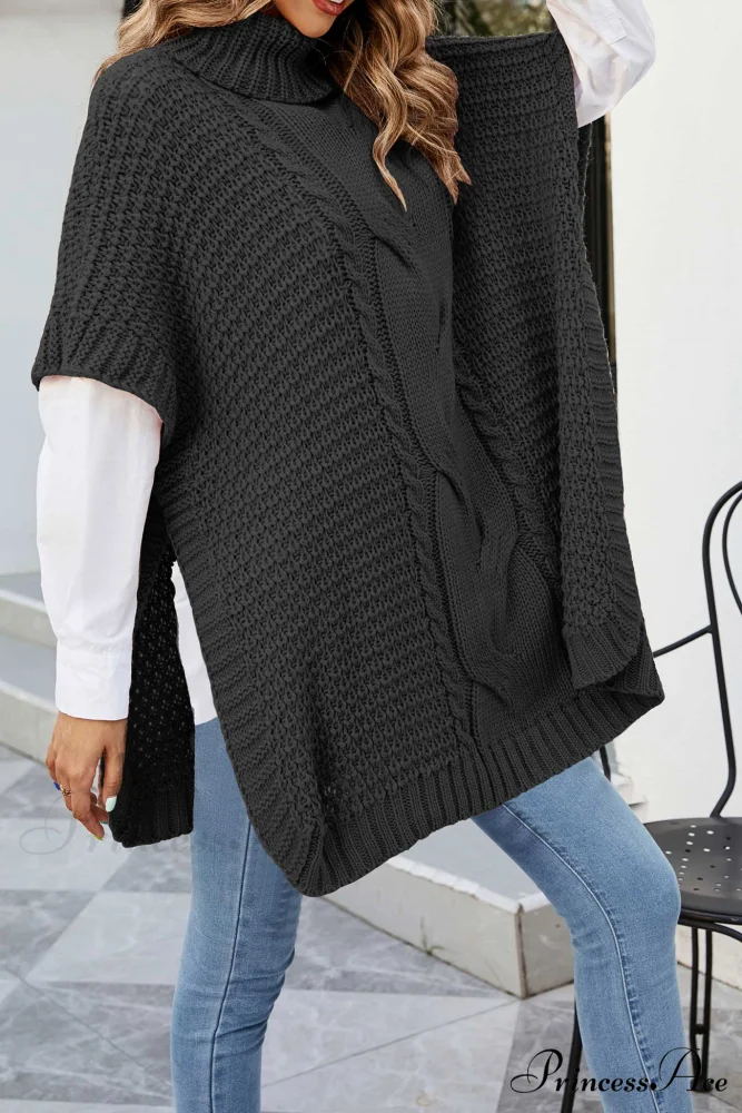 Turtleneck Cable Knit Shawl Sweater - Image 10