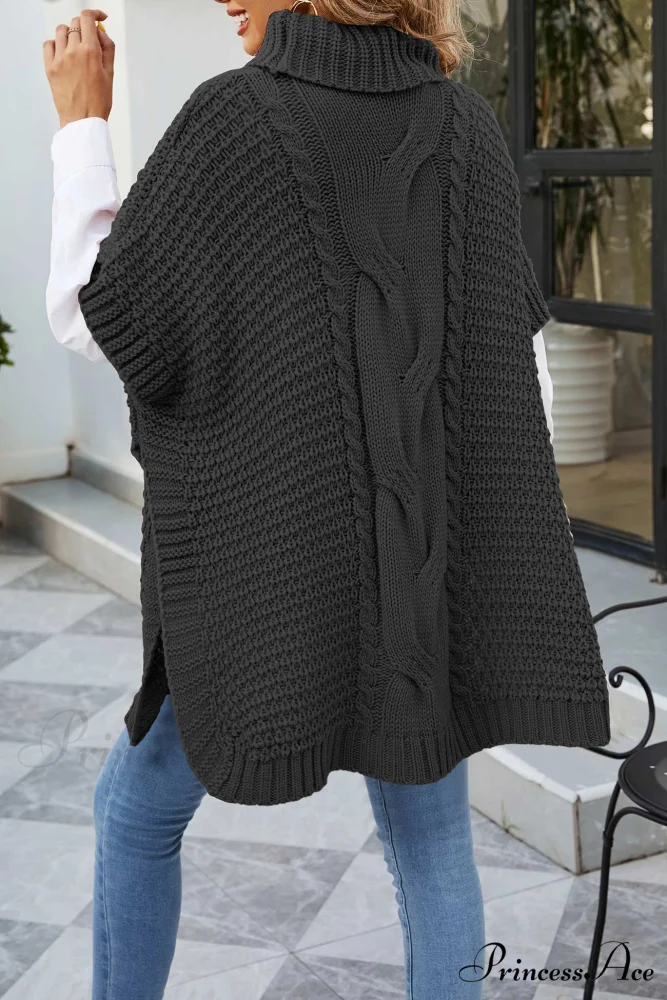 Turtleneck Cable Knit Shawl Sweater - Image 11