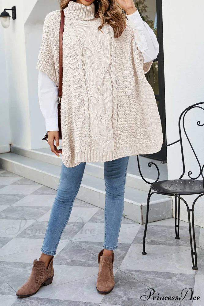 Turtleneck Cable Knit Shawl Sweater - Image 2