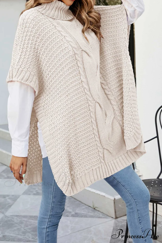 Turtleneck Cable Knit Shawl Sweater - Image 3
