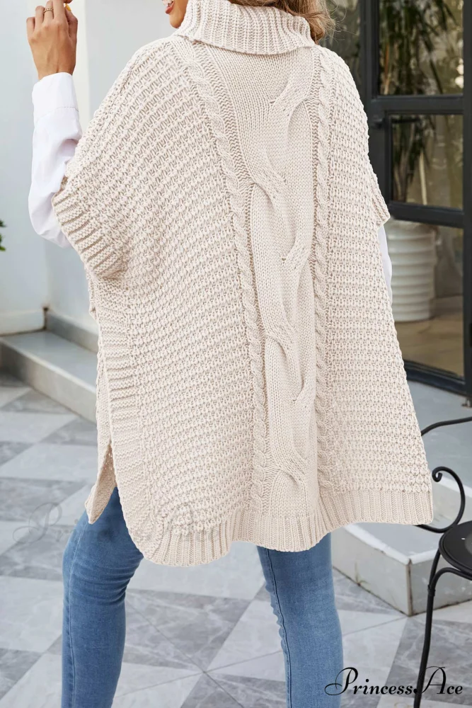 Turtleneck Cable Knit Shawl Sweater - Image 4