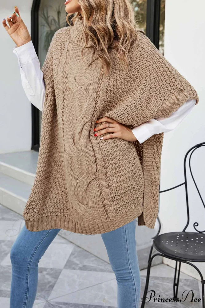 Turtleneck Cable Knit Shawl Sweater - Image 6