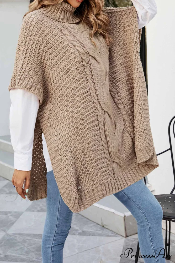 Turtleneck Cable Knit Shawl Sweater - Image 7