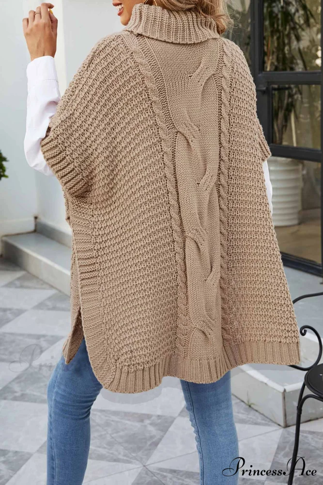 Turtleneck Cable Knit Shawl Sweater - Image 8