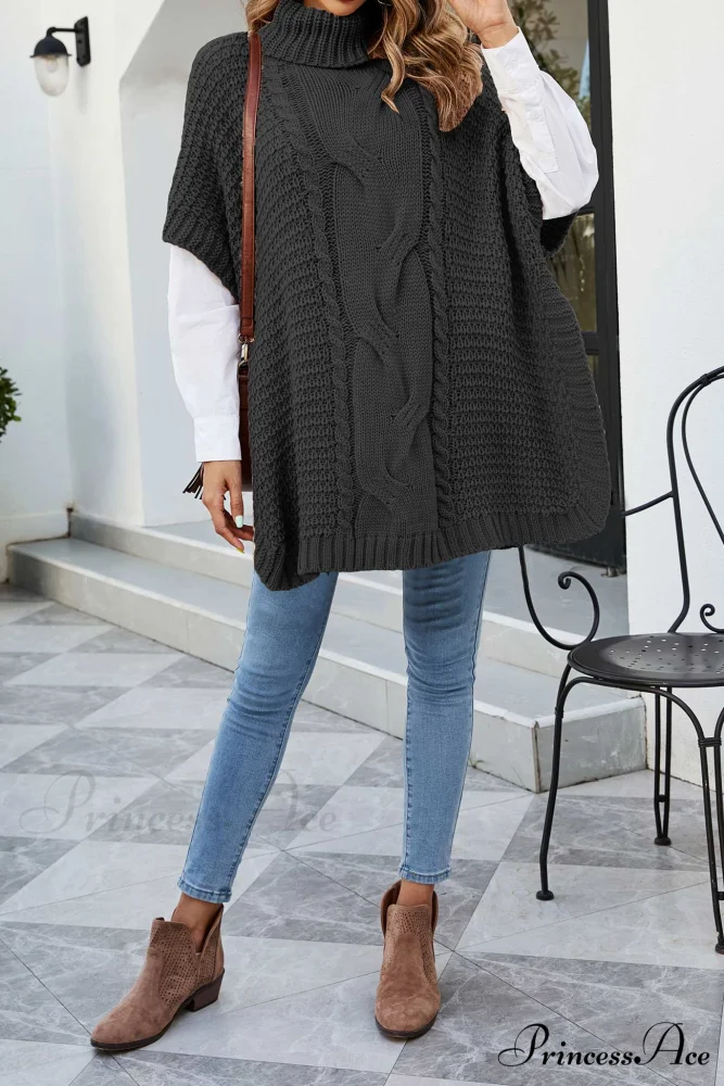 Turtleneck Cable Knit Shawl Sweater - Image 9