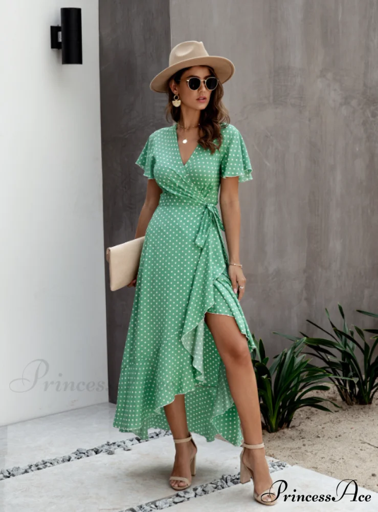 V-Neck Coastal Vacation Dot Polka Short-Sleeved Warm-Season Ruffle for Gown Women - Image 11