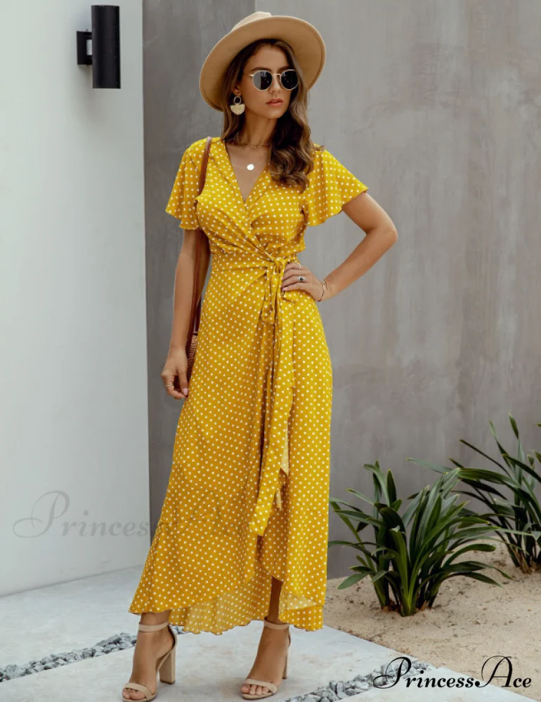 V-Neck Coastal Vacation Dot Polka Short-Sleeved Warm-Season Ruffle for Gown Women - Image 12
