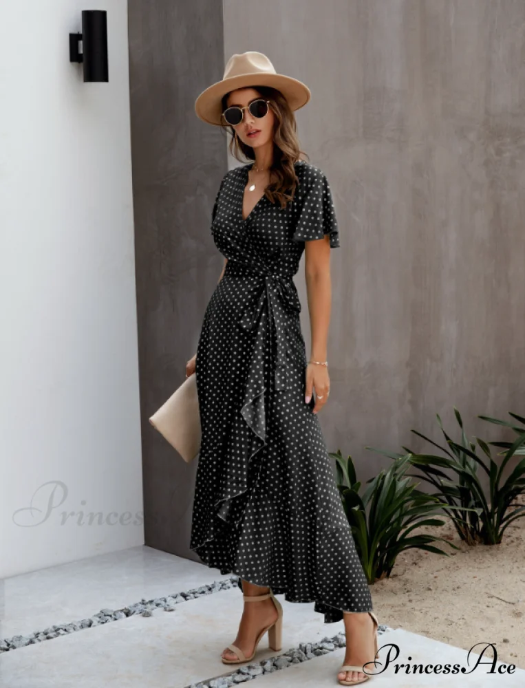 V-Neck Coastal Vacation Dot Polka Short-Sleeved Warm-Season Ruffle for Gown Women - Image 2