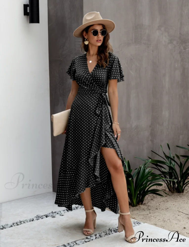 V-Neck Coastal Vacation Dot Polka Short-Sleeved Warm-Season Ruffle for Gown Women - Image 3