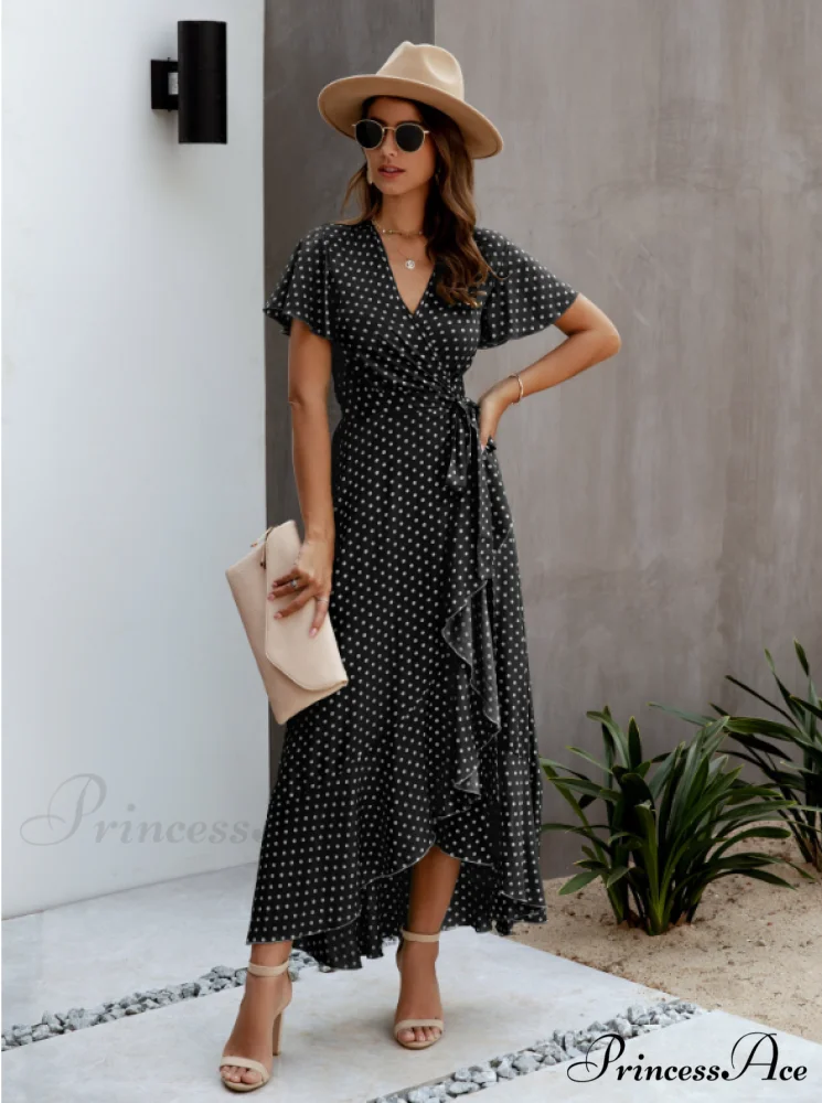 V-Neck Coastal Vacation Dot Polka Short-Sleeved Warm-Season Ruffle for Gown Women - Image 4