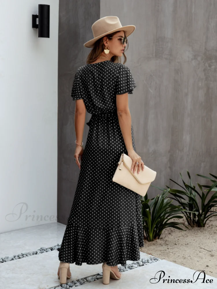 V-Neck Coastal Vacation Dot Polka Short-Sleeved Warm-Season Ruffle for Gown Women - Image 5