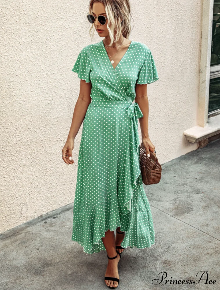V-Neck Coastal Vacation Dot Polka Short-Sleeved Warm-Season Ruffle for Gown Women - Image 6