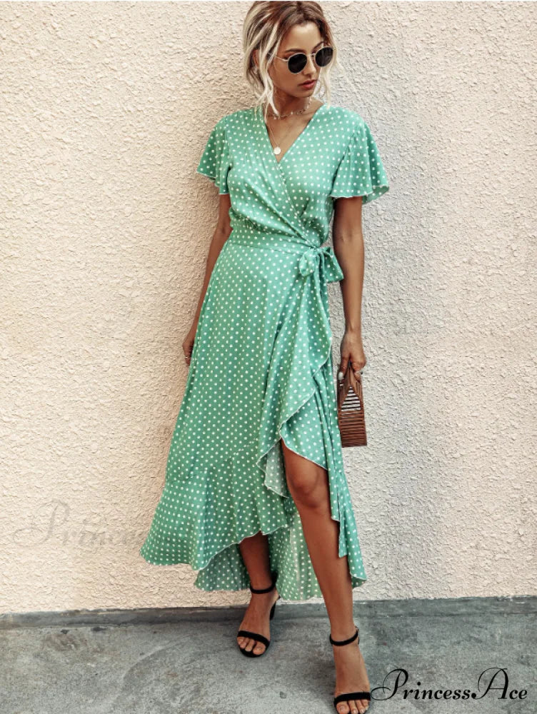 V-Neck Coastal Vacation Dot Polka Short-Sleeved Warm-Season Ruffle for Gown Women - Image 7