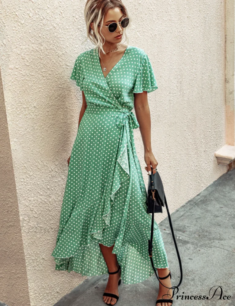V-Neck Coastal Vacation Dot Polka Short-Sleeved Warm-Season Ruffle for Gown Women - Image 8