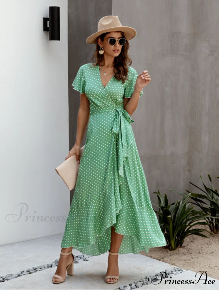 V-Neck Coastal Vacation Dot Polka Short-Sleeved Warm-Season Ruffle for Gown Women - Image 9