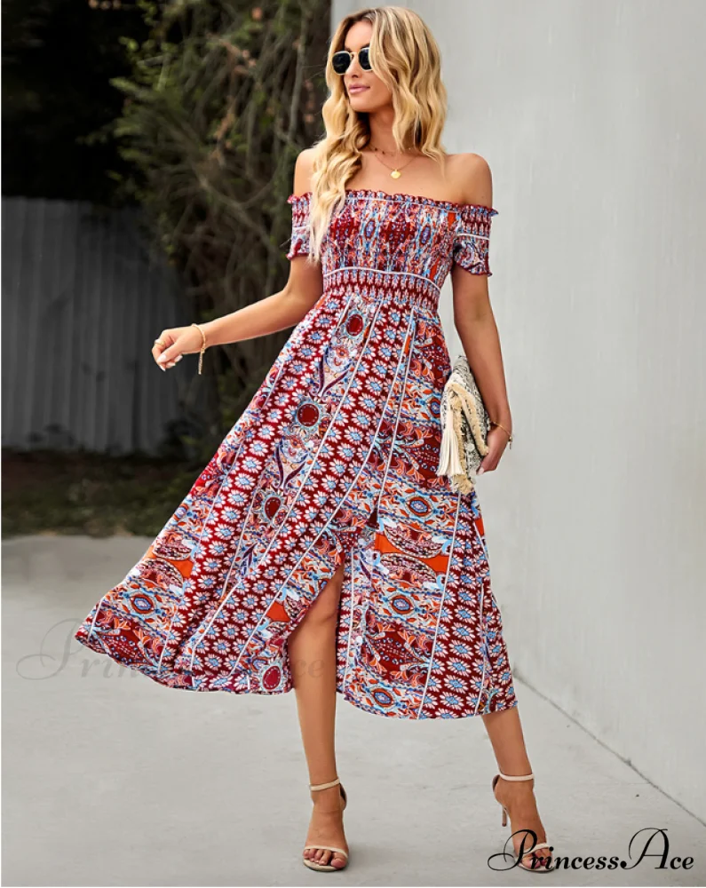 Waist Neck Puff Full-Length with Flowered Shoulder Arm Vintage Slash and Off Gown Bohemian Split - Image 13