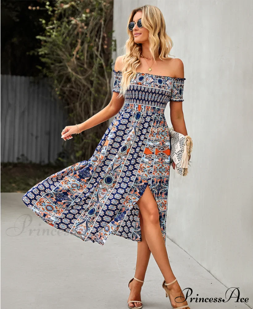 Waist Neck Puff Full-Length with Flowered Shoulder Arm Vintage Slash and Off Gown Bohemian Split - Image 15