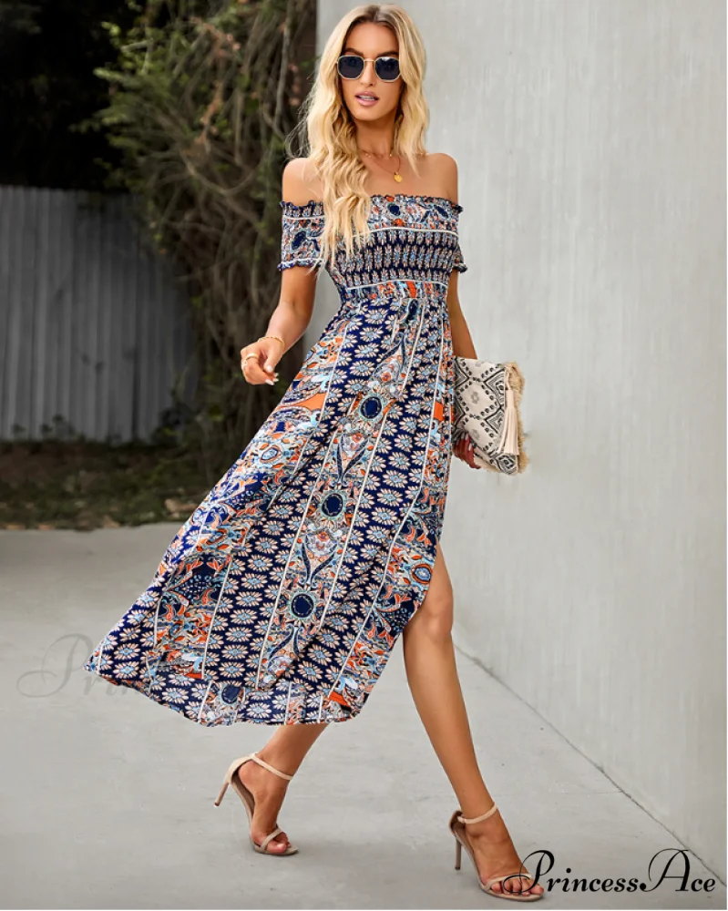 Waist Neck Puff Full-Length with Flowered Shoulder Arm Vintage Slash and Off Gown Bohemian Split - Image 16