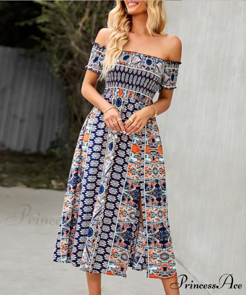 Waist Neck Puff Full-Length with Flowered Shoulder Arm Vintage Slash and Off Gown Bohemian Split - Image 18