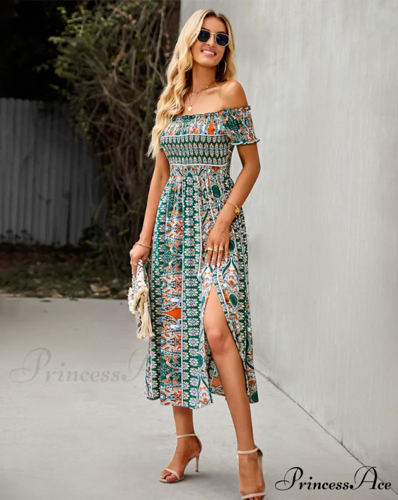 Waist Neck Puff Full-Length with Flowered Shoulder Arm Vintage Slash and Off Gown Bohemian Split - Image 2