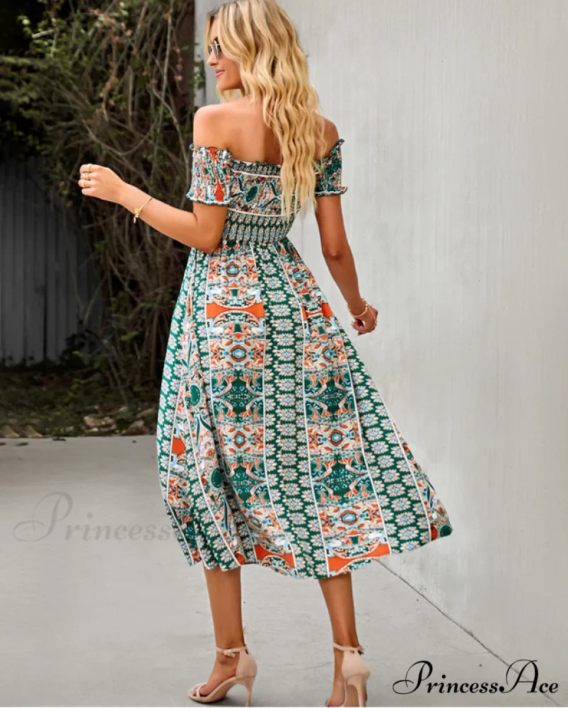 Waist Neck Puff Full-Length with Flowered Shoulder Arm Vintage Slash and Off Gown Bohemian Split - Image 4