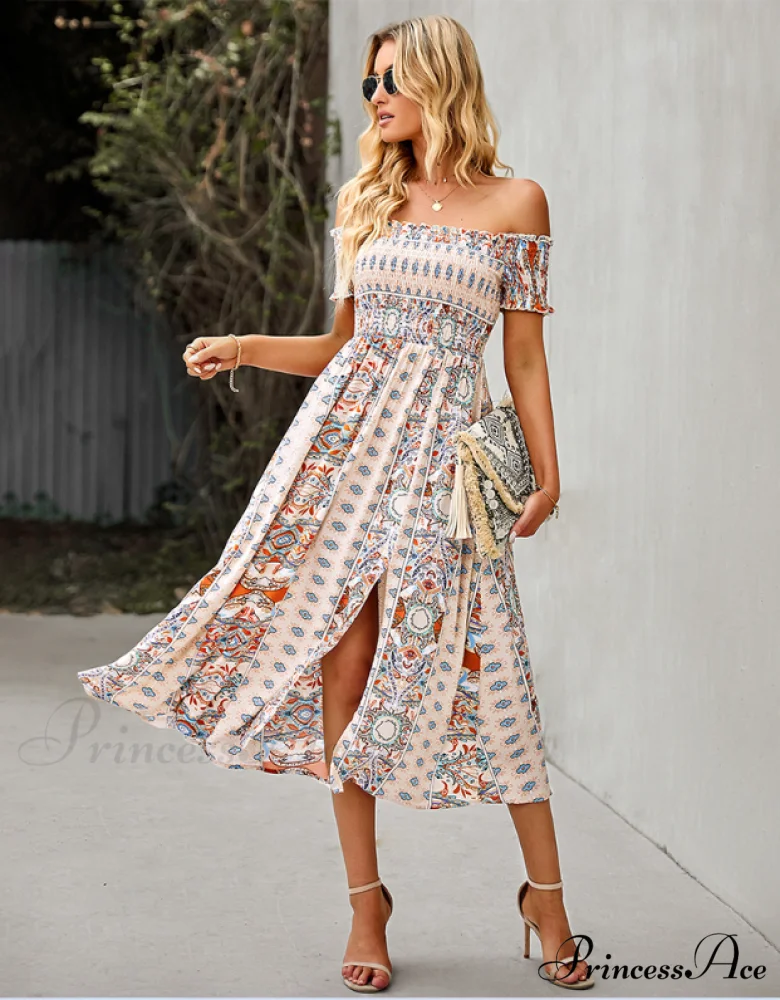 Waist Neck Puff Full-Length with Flowered Shoulder Arm Vintage Slash and Off Gown Bohemian Split - Image 5