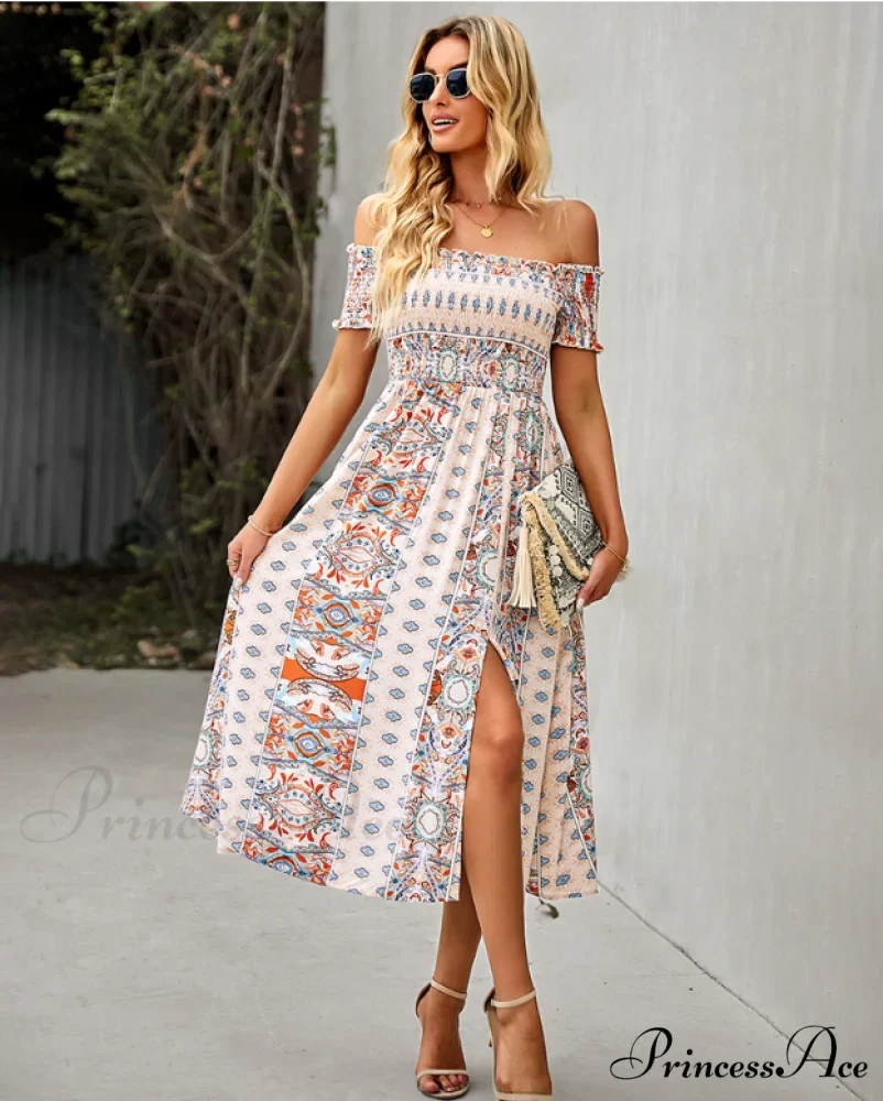 Waist Neck Puff Full-Length with Flowered Shoulder Arm Vintage Slash and Off Gown Bohemian Split - Image 6