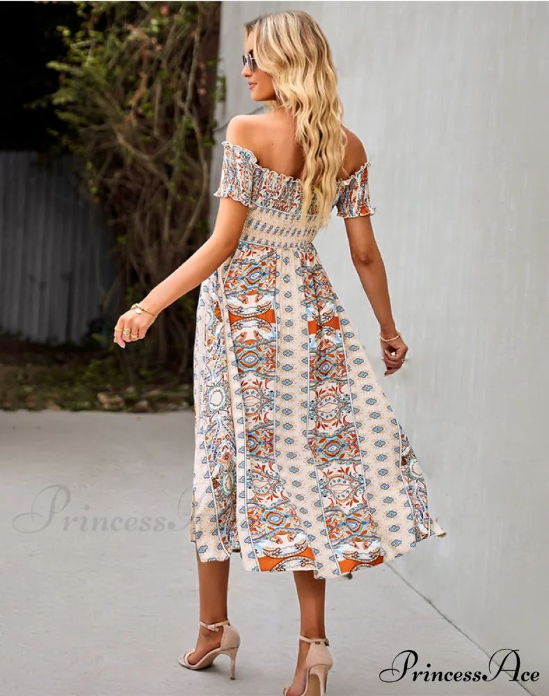 Waist Neck Puff Full-Length with Flowered Shoulder Arm Vintage Slash and Off Gown Bohemian Split - Image 8
