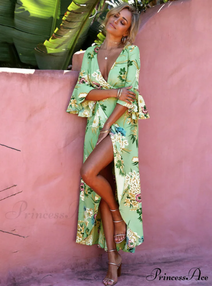 Gown Flowered for Neck Design Full-Length Vintage Warm-Season V Women - Image 2