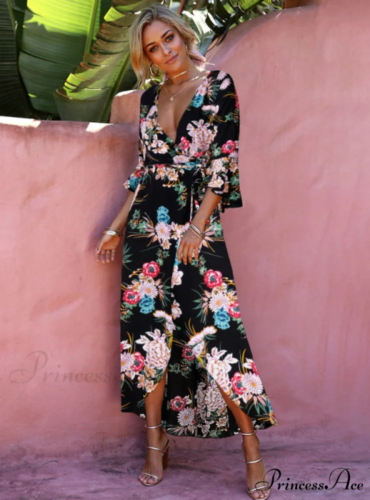 Gown Flowered for Neck Design Full-Length Vintage Warm-Season V Women - Image 5