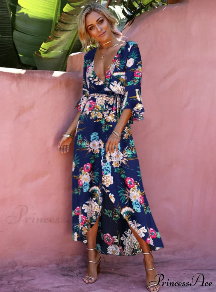 Gown Flowered for Neck Design Full-Length Vintage Warm-Season V Women - Image 6