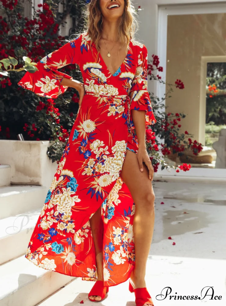 Gown Flowered for Neck Design Full-Length Vintage Warm-Season V Women - Image 7