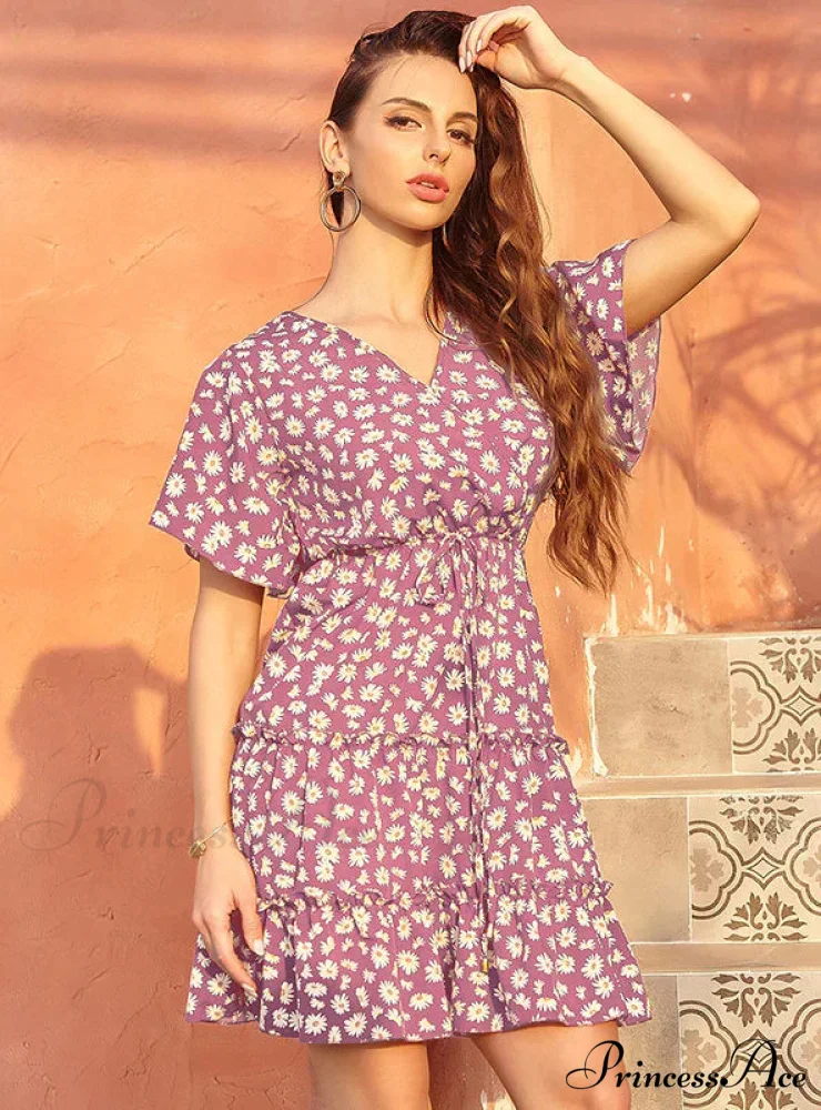 Casual Lace-Up with Gown V-Neck Flowered Design - Image 3