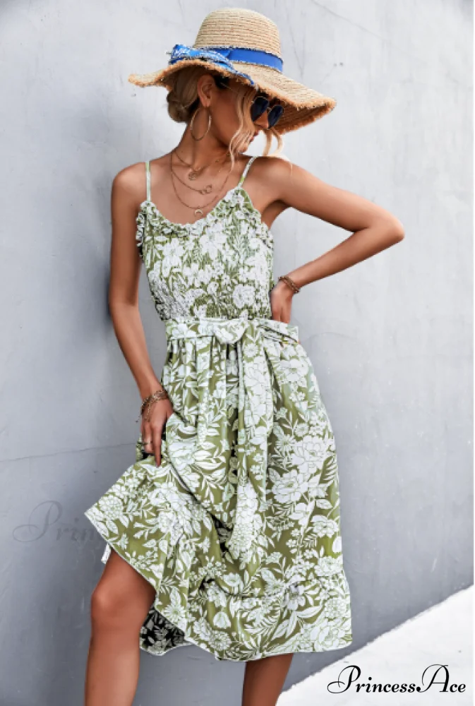 Patterned Sling Strap Flounce Dress - Image 11