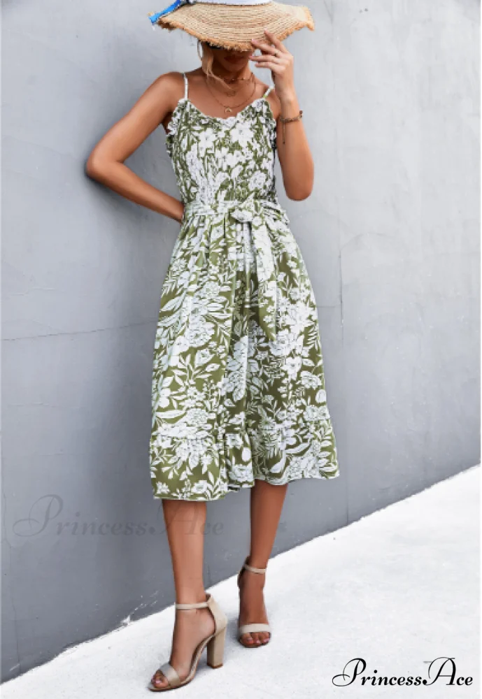 Patterned Sling Strap Flounce Dress - Image 12