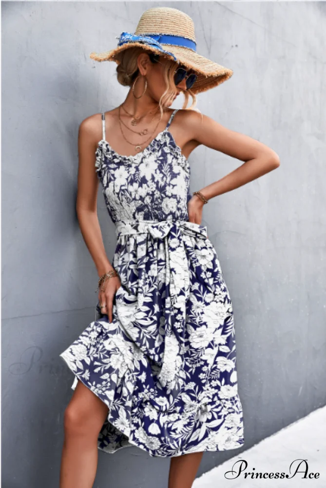 Patterned Sling Strap Flounce Dress - Image 6