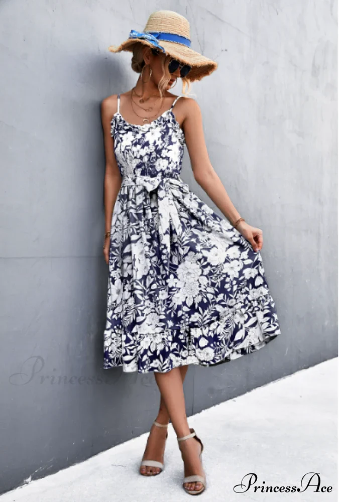 Patterned Sling Strap Flounce Dress - Image 7