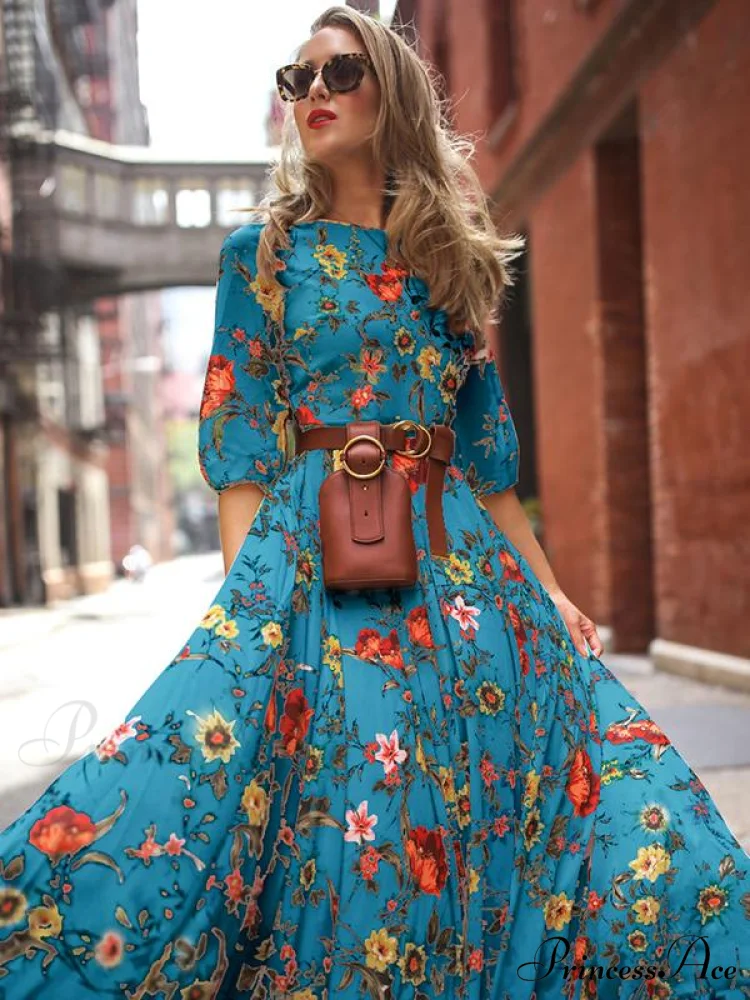 Bohemia Gown Full-Length Neck Half with Round and Flowered Sleeves - Image 3