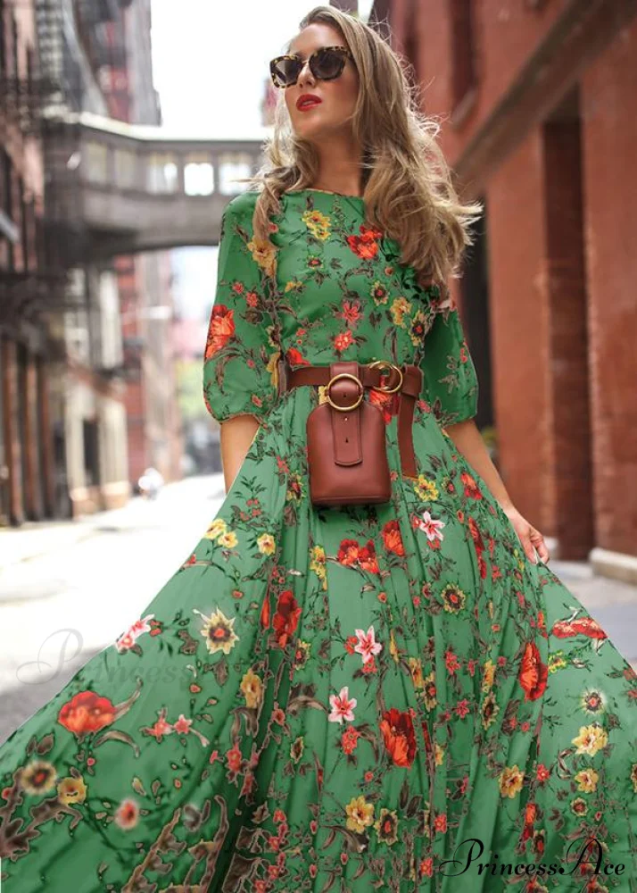 Bohemia Gown Full-Length Neck Half with Round and Flowered Sleeves - Image 4