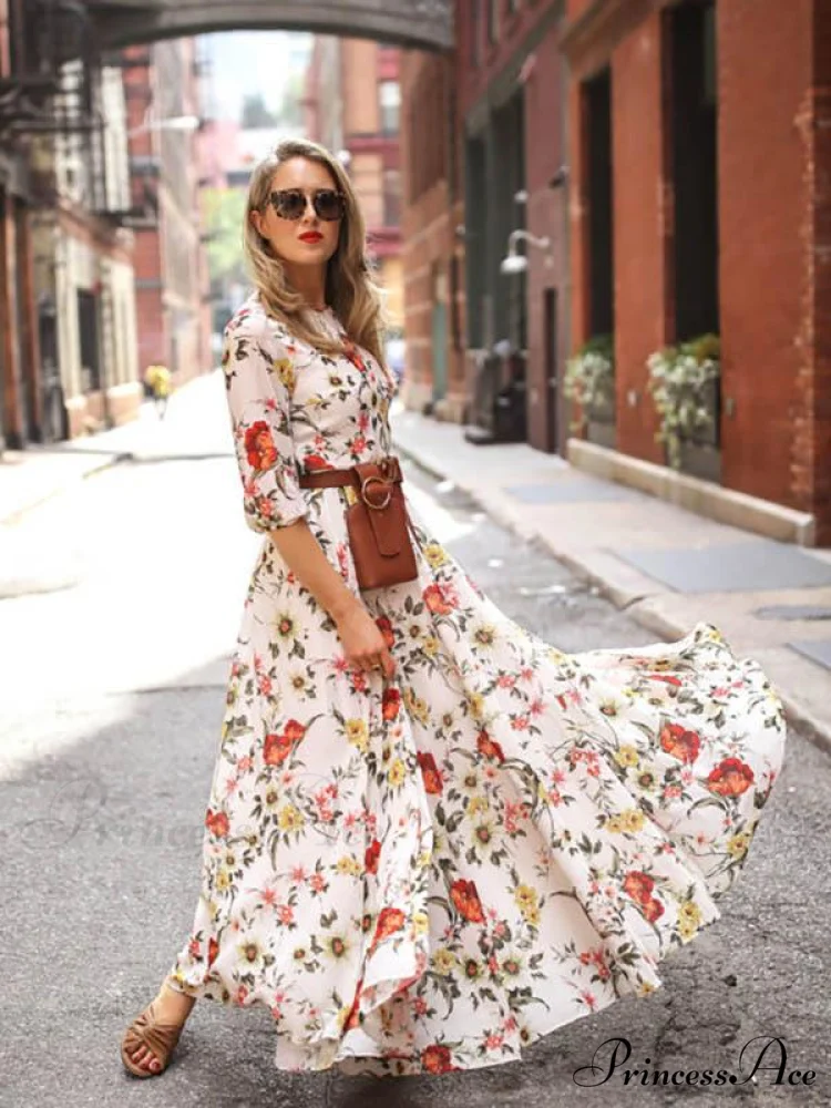 Bohemia Gown Full-Length Neck Half with Round and Flowered Sleeves - Image 5