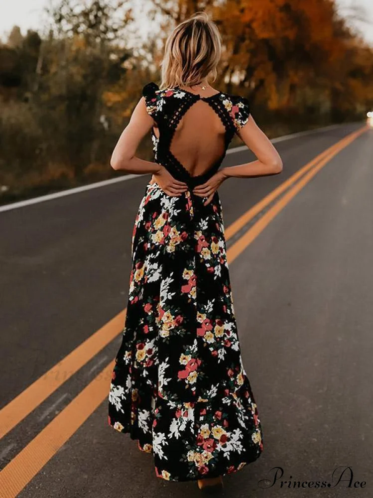 Neck Full-Length V Asymmetry Flowered Bohemia Backless Dress - Image 2