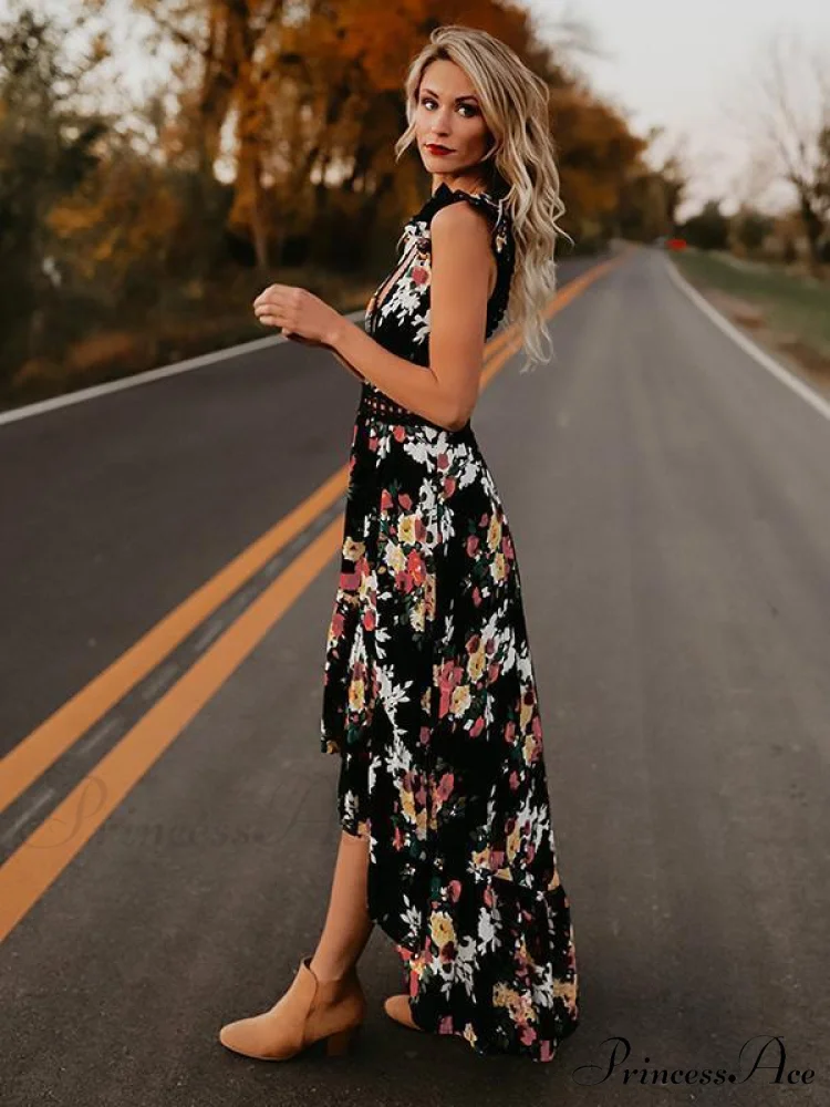 Neck Full-Length V Asymmetry Flowered Bohemia Backless Dress - Image 3